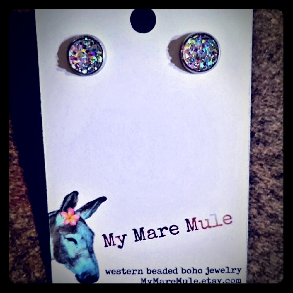 8mm ab clear faux druzy quartz earrings